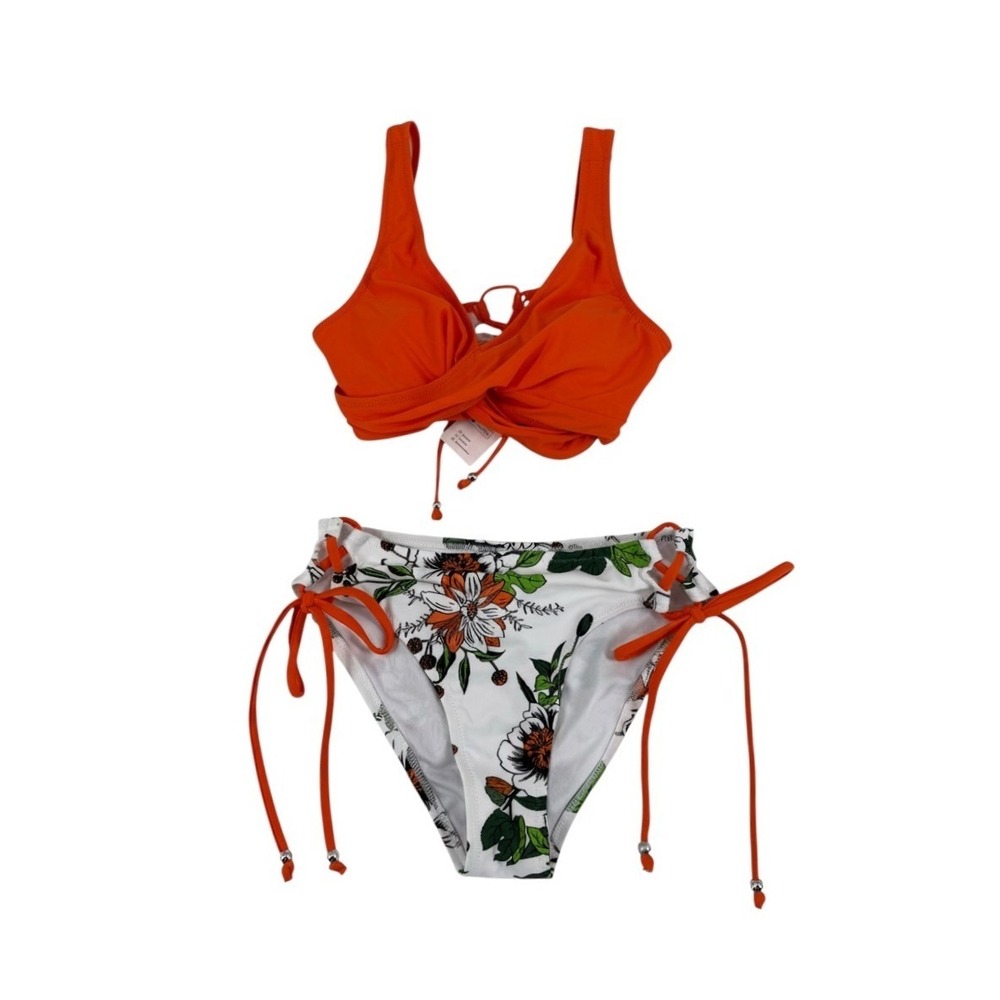 Cupshe Two Piece Bikini Matching Set Orange and White Floral Small NWT